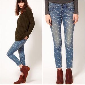 Free People Floral Print Denim Capri